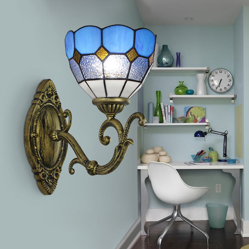 Mediterranean Bowl Wall Lamp Stained Glass and Metal 1 Light Wall Sconce Lighting in Clear/White Clear Clearhalo 'Industrial' 'Middle century wall lights' 'Tiffany wall lights' 'Tiffany' 'Wall Lamps & Sconces' 'Wall Lights' Lighting' 24454