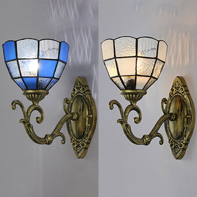 Grid Glass Bowl Wall Sconce Lamp Tiffany Vintage 1 Light Wall Lighting in Clear/Blue for Bedroom Clearhalo 'Industrial' 'Middle century wall lights' 'Tiffany wall lights' 'Tiffany' 'Wall Lamps & Sconces' 'Wall Lights' Lighting' 24467