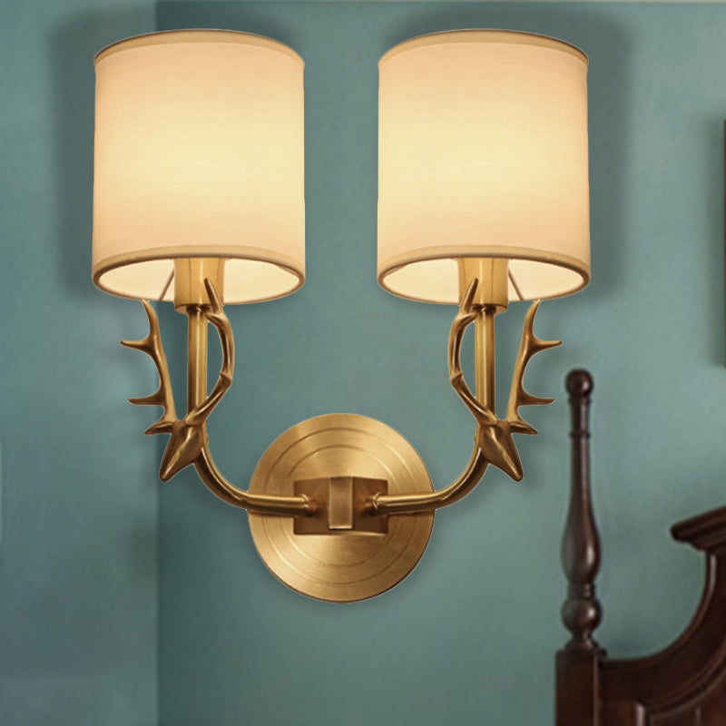 Modernism 1/2 Lights Wall Sconce with Fabric Shade Black/Gold Cylinder Wall Mount Light Fixture with Metal Antler 2.0 Gold Clearhalo 'Cast Iron' 'Glass' 'Industrial' 'Modern wall lights' 'Modern' 'Tiffany' 'Traditional wall lights' 'Wall Lamps & Sconces' 'Wall Lights' Lighting' 244685