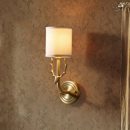 Modernism 1/2 Lights Wall Sconce with Fabric Shade Black/Gold Cylinder Wall Mount Light Fixture with Metal Antler 1.0 Gold Clearhalo 'Cast Iron' 'Glass' 'Industrial' 'Modern wall lights' 'Modern' 'Tiffany' 'Traditional wall lights' 'Wall Lamps & Sconces' 'Wall Lights' Lighting' 244689