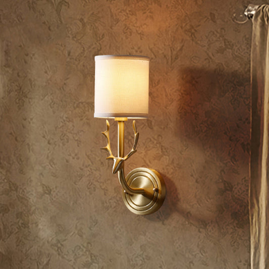 Modernism 1/2 Lights Wall Sconce with Fabric Shade Black/Gold Cylinder Wall Mount Light Fixture with Metal Antler 1.0 Gold Clearhalo 'Cast Iron' 'Glass' 'Industrial' 'Modern wall lights' 'Modern' 'Tiffany' 'Traditional wall lights' 'Wall Lamps & Sconces' 'Wall Lights' Lighting' 244689