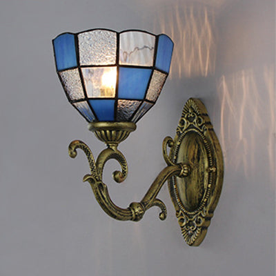 Grid Glass Bowl Wall Sconce Lamp Tiffany Vintage 1 Light Wall Lighting in Clear/Blue for Bedroom Clearhalo 'Industrial' 'Middle century wall lights' 'Tiffany wall lights' 'Tiffany' 'Wall Lamps & Sconces' 'Wall Lights' Lighting' 24469