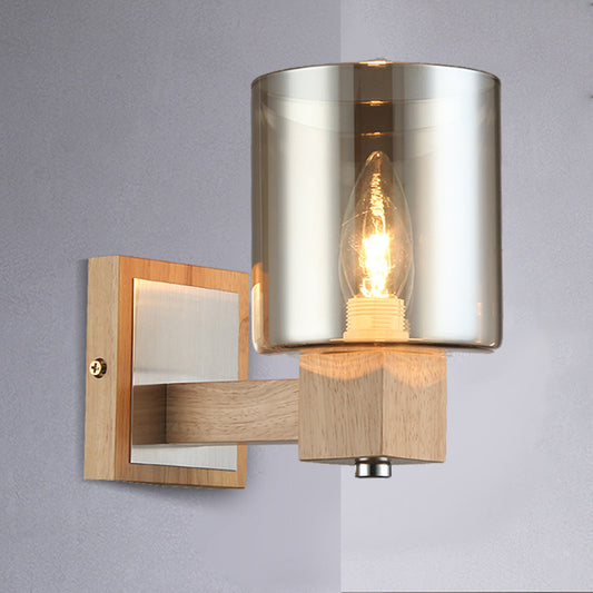 Vintage 1 Light Wall Mount Lamp with Smoke Glass Shade Natural Wood Cylindrical Sconce Light Fixture Wood Clearhalo 'Cast Iron' 'Glass' 'Industrial' 'Modern wall lights' 'Modern' 'Tiffany' 'Traditional wall lights' 'Wall Lamps & Sconces' 'Wall Lights' Lighting' 244692