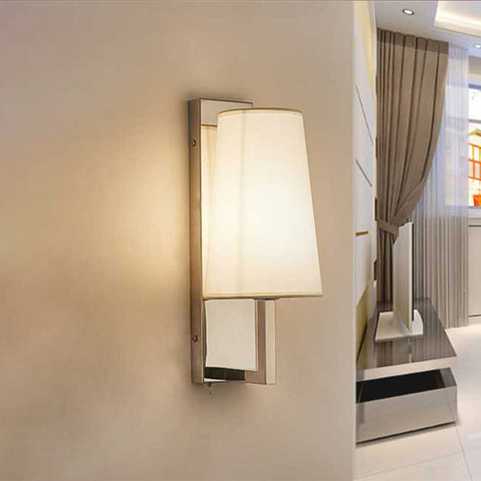 LED Tapered Wall Mounted Lighting Modernism Fabric Sconce Light in Chrome with Round/Rectangle Canopy Clearhalo 'Modern wall lights' 'Modern' 'Wall Lamps & Sconces' 'Wall Lights' Lighting' 244713