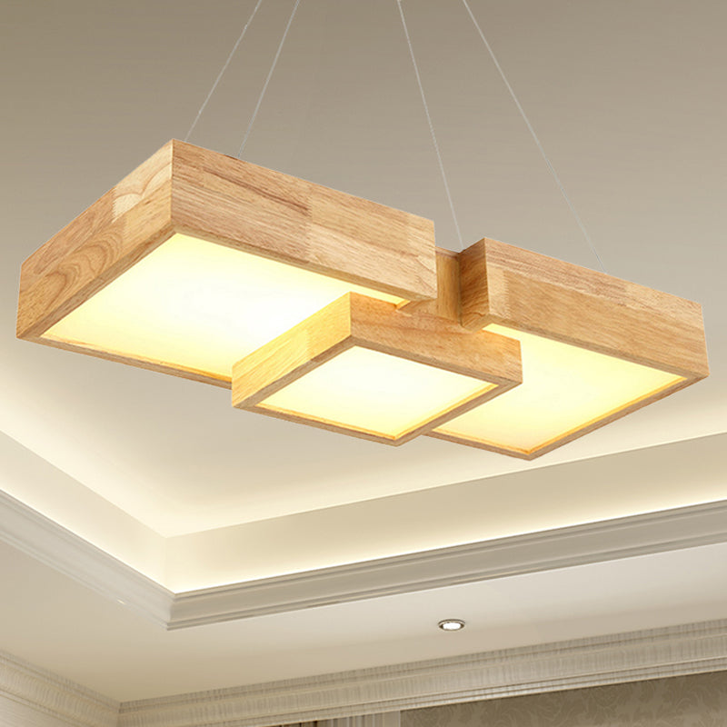 Modern Rhombus/Square LED Chandelier Pendant Wooden 3-Light Bedroom Ceiling Lamp in Warm/White Clearhalo 'Ceiling Lights' 'Chandeliers' Lighting' options 244746