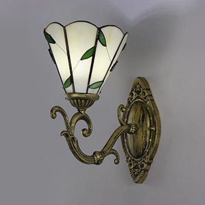 Conic Sconce Lamp with Stained Glass 1 Head Vintage Wall Lighting in White/Green for Corridor Clearhalo 'Industrial' 'Middle century wall lights' 'Tiffany wall lights' 'Tiffany' 'Wall Lamps & Sconces' 'Wall Lights' Lighting' 24496