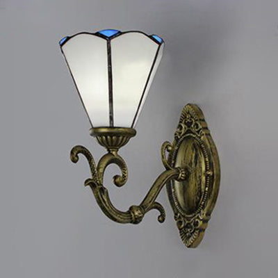 Conic Sconce Lamp with Stained Glass 1 Head Vintage Wall Lighting in White/Green for Corridor Clearhalo 'Industrial' 'Middle century wall lights' 'Tiffany wall lights' 'Tiffany' 'Wall Lamps & Sconces' 'Wall Lights' Lighting' 24498