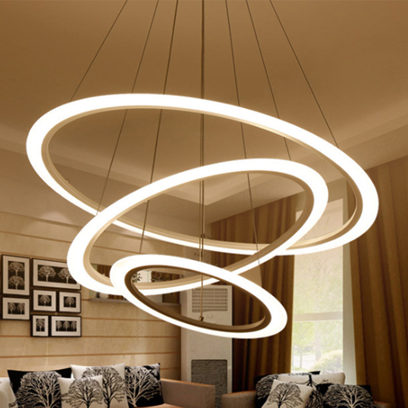 Contemporary 1/2/3-Light Chandelier with Acrylic Shade White Loop Suspension Pendant in Warm/White Light White Three Rings Clearhalo 'Ceiling Lights' 'Chandeliers' 'Modern Chandeliers' 'Modern' Lighting' 245150