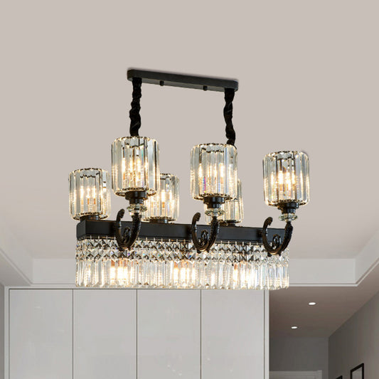 Crystal Prism Black Island Pendant Cylindrical 9-Head Modern Style Hanging Lamp with Fringe Clearhalo 'Ceiling Lights' 'Island Lights' Lighting' 2451708