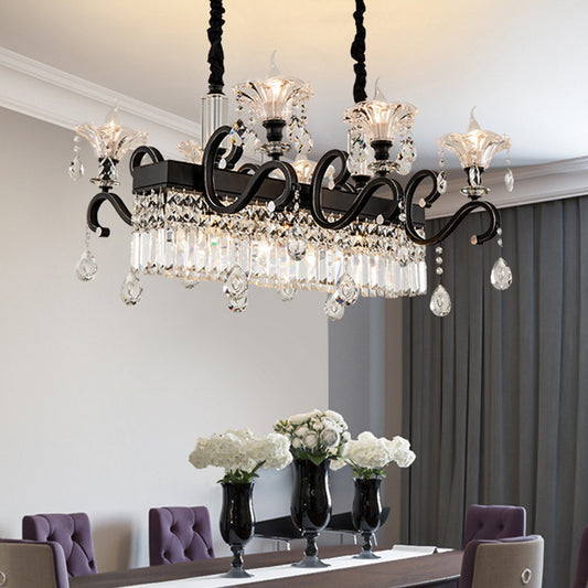 9 Lights Flared Suspension Pendant Vintage Black Clear Crystal Prism Island Lamp with Scroll Arm Clearhalo 'Ceiling Lights' 'Island Lights' Lighting' 2451712