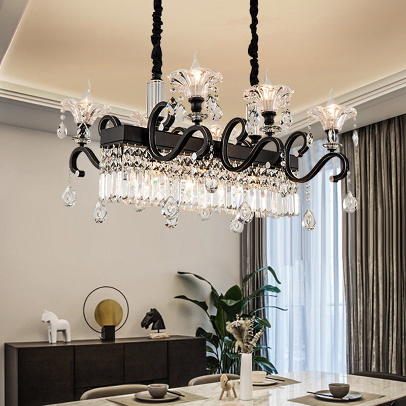 9 Lights Flared Suspension Pendant Vintage Black Clear Crystal Prism Island Lamp with Scroll Arm Black Clearhalo 'Ceiling Lights' 'Island Lights' Lighting' 2451713