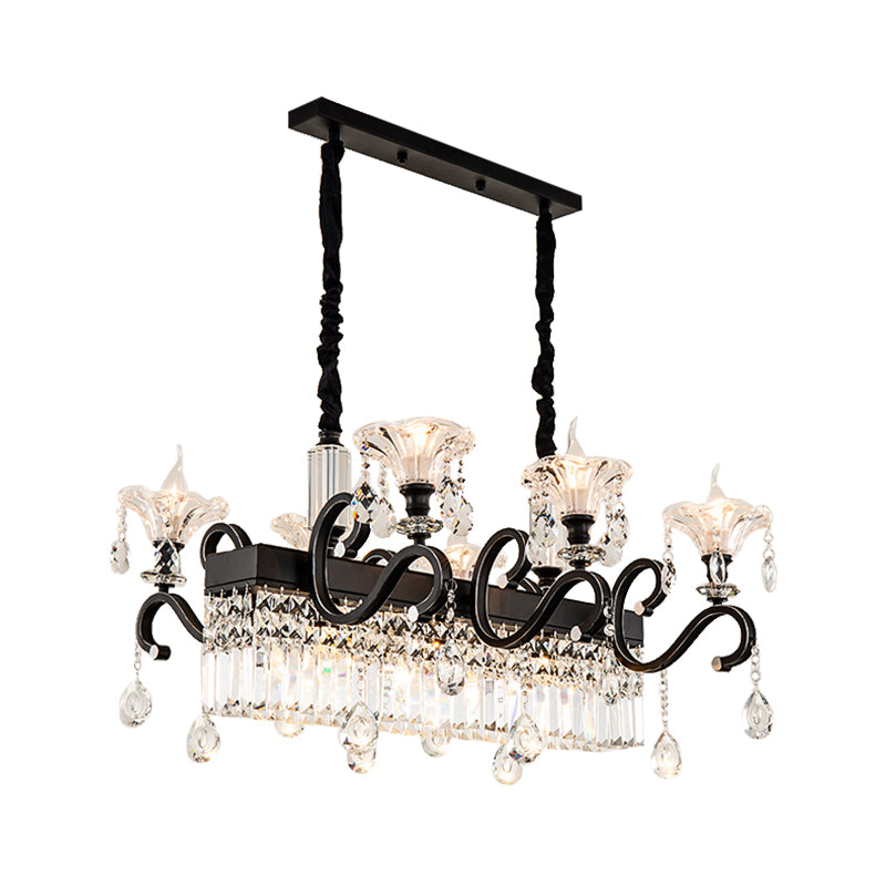 9 Lights Flared Suspension Pendant Vintage Black Clear Crystal Prism Island Lamp with Scroll Arm Clearhalo 'Ceiling Lights' 'Island Lights' Lighting' 2451714