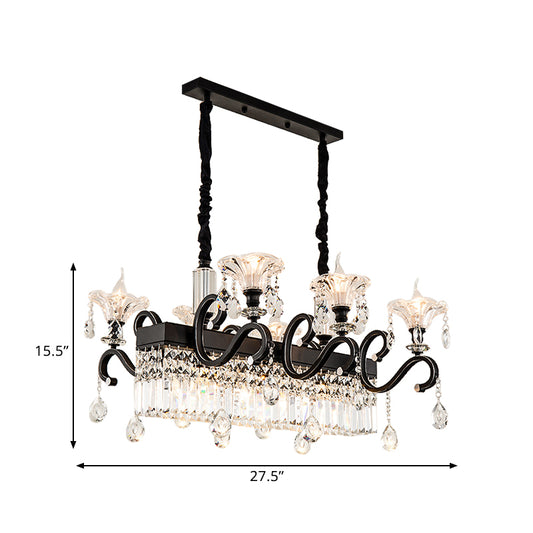 9 Lights Flared Suspension Pendant Vintage Black Clear Crystal Prism Island Lamp with Scroll Arm Clearhalo 'Ceiling Lights' 'Island Lights' Lighting' 2451715