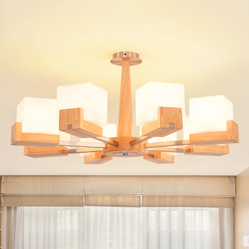 Wood Radial Semi Flush Mount Lighting Modern 3/5/8 Lights Beige Semi Flush Ceiling Lamp Fixture with White Glass Rectangle Shade 8 Wood Clearhalo 'Ceiling Lights' 'Close To Ceiling Lights' 'Close to ceiling' 'Semi-flushmount' Lighting' 245195