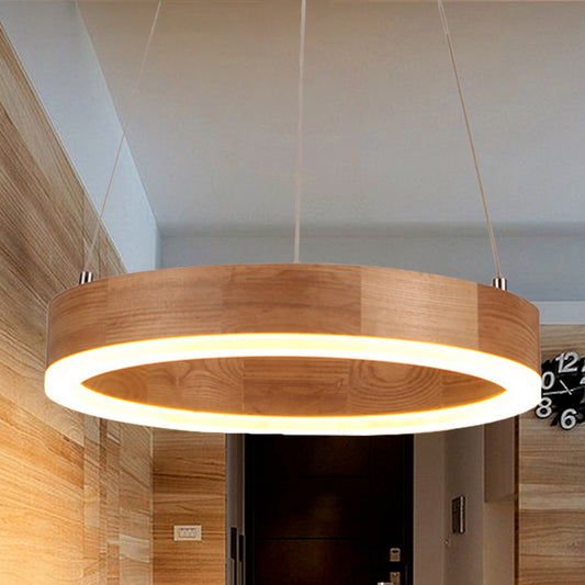 Wood Ring LED Chandelier Light Modern 1/2/3-Light Beige Drop Pendant Fixture for Dining Room Wood Single Ring