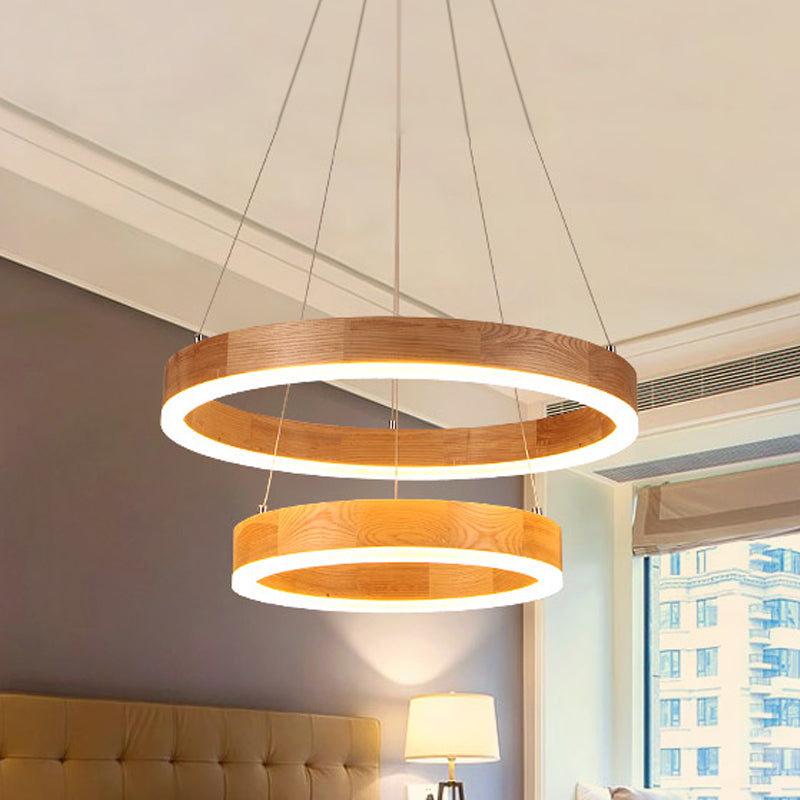 Wood Ring LED Chandelier Light Modern 1/2/3-Light Beige Drop Pendant Fixture for Dining Room Clearhalo 'Ceiling Lights' 'Chandeliers' Lighting' options 245213