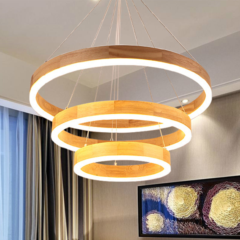 Wood Ring LED Chandelier Light Modern 1/2/3-Light Beige Drop Pendant Fixture for Dining Room Clearhalo 'Ceiling Lights' 'Chandeliers' Lighting' options 245214