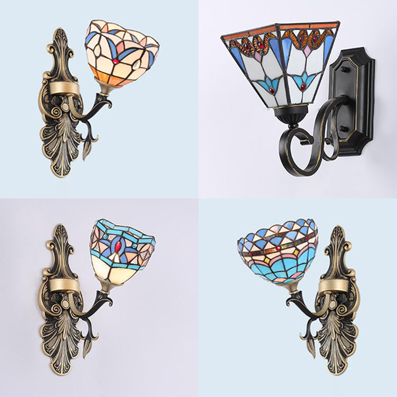 Stained Glass Wall Lighting with Baroque/Flower/Gem/Magnolia Pattern Tiffany 1 Light Indoor Sconce Light in Blue Clearhalo 'Industrial' 'Middle century wall lights' 'Tiffany wall lights' 'Tiffany' 'Wall Lamps & Sconces' 'Wall Lights' Lighting' 24551