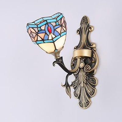 Stained Glass Wall Lighting with Baroque/Flower/Gem/Magnolia Pattern Tiffany 1 Light Indoor Sconce Light in Blue Clearhalo 'Industrial' 'Middle century wall lights' 'Tiffany wall lights' 'Tiffany' 'Wall Lamps & Sconces' 'Wall Lights' Lighting' 24552