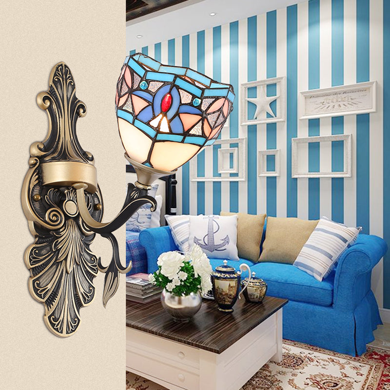 Stained Glass Wall Lighting with Baroque/Flower/Gem/Magnolia Pattern Tiffany 1 Light Indoor Sconce Light in Blue Blue Gem Clearhalo 'Industrial' 'Middle century wall lights' 'Tiffany wall lights' 'Tiffany' 'Wall Lamps & Sconces' 'Wall Lights' Lighting' 24554