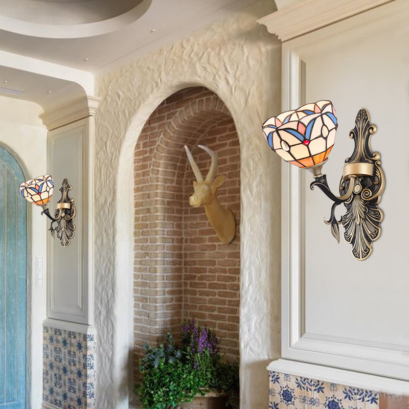 Stained Glass Wall Lighting with Baroque/Flower/Gem/Magnolia Pattern Tiffany 1 Light Indoor Sconce Light in Blue Blue Magnolia Clearhalo 'Industrial' 'Middle century wall lights' 'Tiffany wall lights' 'Tiffany' 'Wall Lamps & Sconces' 'Wall Lights' Lighting' 24556