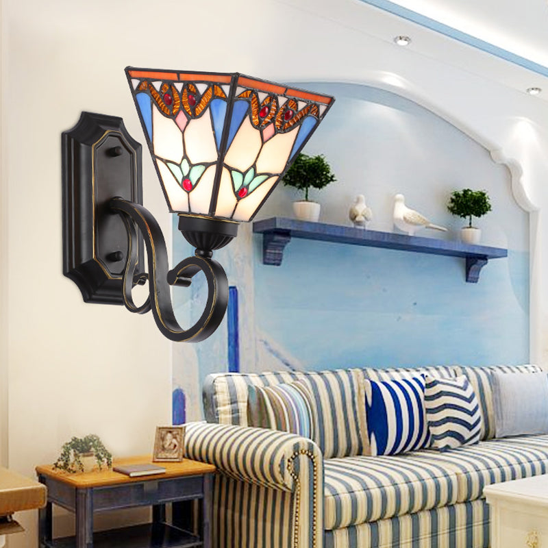 Stained Glass Wall Lighting with Baroque/Flower/Gem/Magnolia Pattern Tiffany 1 Light Indoor Sconce Light in Blue Blue Flower Clearhalo 'Industrial' 'Middle century wall lights' 'Tiffany wall lights' 'Tiffany' 'Wall Lamps & Sconces' 'Wall Lights' Lighting' 24559