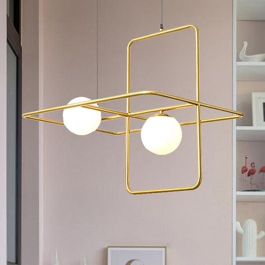 Crossed Rectangle Hanging Light with Globe Glass Shade Contemporary Metal 2/3/4 Heads Chandelier Light for Study Room 2 Gold
