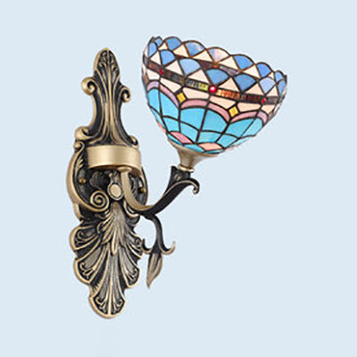 Stained Glass Wall Lighting with Baroque/Flower/Gem/Magnolia Pattern Tiffany 1 Light Indoor Sconce Light in Blue Blue Baroque Clearhalo 'Industrial' 'Middle century wall lights' 'Tiffany wall lights' 'Tiffany' 'Wall Lamps & Sconces' 'Wall Lights' Lighting' 24560