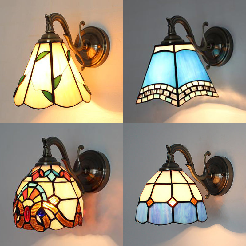 Stained Glass Wall Lighting Tiffany Rustic 1 Light Wall Mount Light in Brown/Blue/Beige/Blue-White for Bedroom Clearhalo 'Industrial' 'Middle century wall lights' 'Tiffany wall lights' 'Tiffany' 'Wall Lamps & Sconces' 'Wall Lights' Lighting' 24579