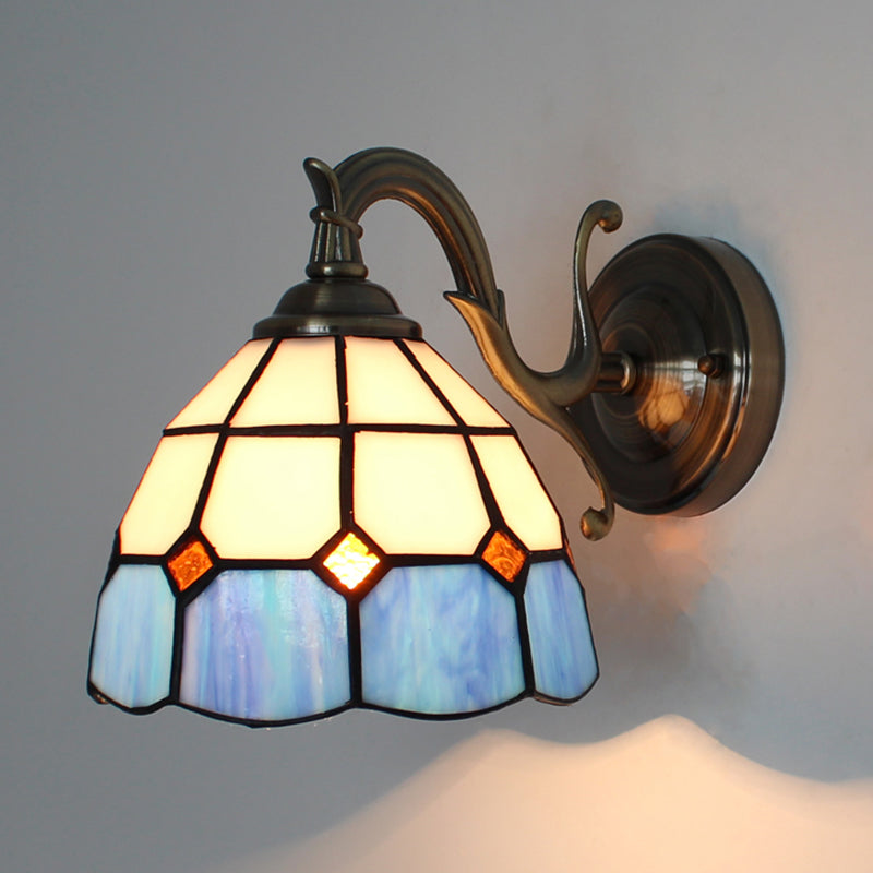 Stained Glass Wall Lighting Tiffany Rustic 1 Light Wall Mount Light in Brown/Blue/Beige/Blue-White for Bedroom Blue-White Clearhalo 'Industrial' 'Middle century wall lights' 'Tiffany wall lights' 'Tiffany' 'Wall Lamps & Sconces' 'Wall Lights' Lighting' 24580