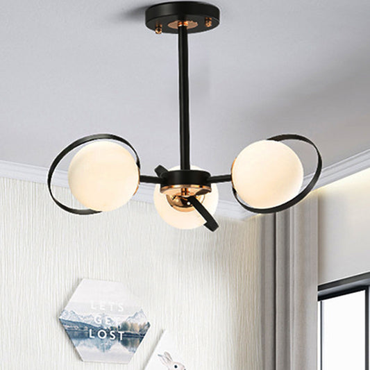 Ball White Glass Chandelier Lighting with Radial Design Modernist 3/6 Lights Black Hanging Ceiling Lamp Fixture 3 Black Clearhalo 'Ceiling Lights' 'Chandeliers' 'Close To Ceiling Lights' 'Close to ceiling' 'Glass shade' 'Glass' 'Semi-flushmount' Lighting' 245849