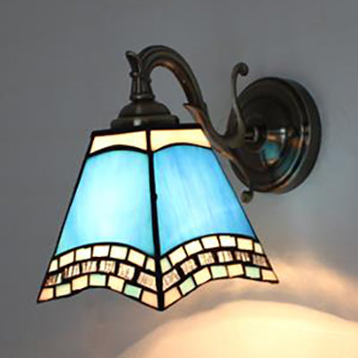 Stained Glass Wall Lighting Tiffany Rustic 1 Light Wall Mount Light in Brown/Blue/Beige/Blue-White for Bedroom Blue Clearhalo 'Industrial' 'Middle century wall lights' 'Tiffany wall lights' 'Tiffany' 'Wall Lamps & Sconces' 'Wall Lights' Lighting' 24584