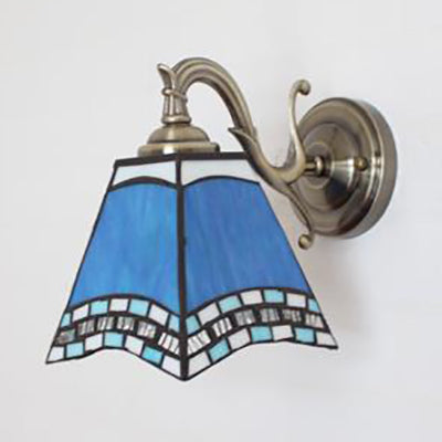 Stained Glass Wall Lighting Tiffany Rustic 1 Light Wall Mount Light in Brown/Blue/Beige/Blue-White for Bedroom Clearhalo 'Industrial' 'Middle century wall lights' 'Tiffany wall lights' 'Tiffany' 'Wall Lamps & Sconces' 'Wall Lights' Lighting' 24585