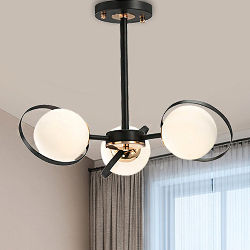 Ball White Glass Chandelier Lighting with Radial Design Modernist 3/6 Lights Black Hanging Ceiling Lamp Fixture Clearhalo 'Ceiling Lights' 'Chandeliers' 'Close To Ceiling Lights' 'Close to ceiling' 'Glass shade' 'Glass' 'Semi-flushmount' Lighting' 245850