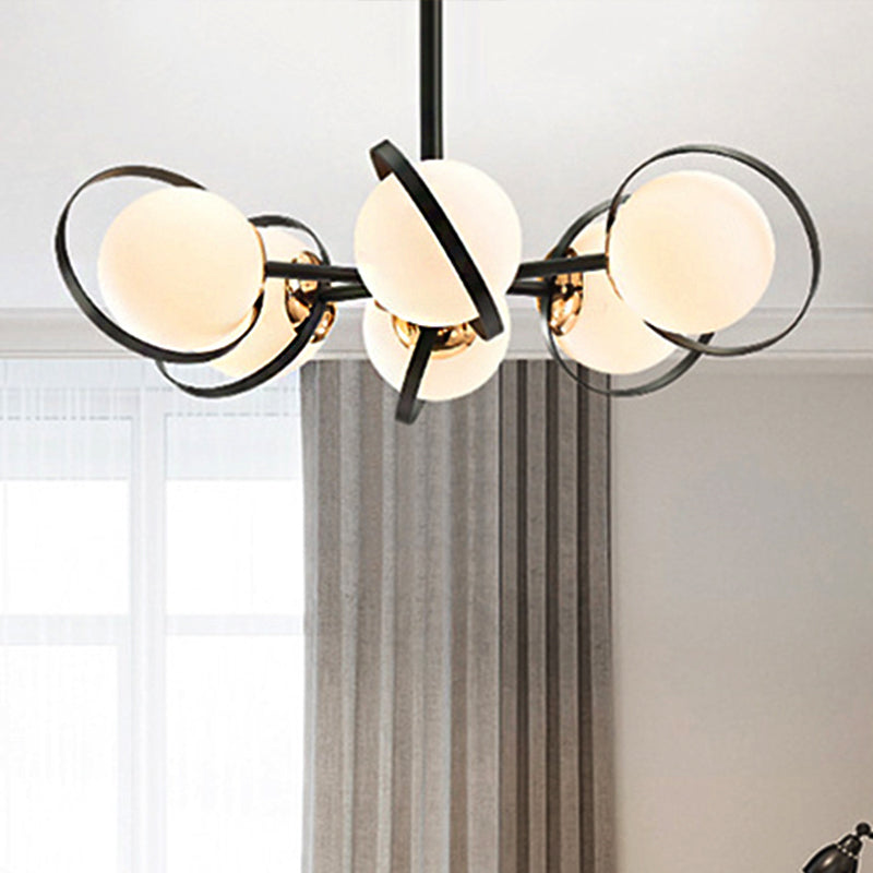 Ball White Glass Chandelier Lighting with Radial Design Modernist 3/6 Lights Black Hanging Ceiling Lamp Fixture 6 Black Clearhalo 'Ceiling Lights' 'Chandeliers' 'Close To Ceiling Lights' 'Close to ceiling' 'Glass shade' 'Glass' 'Semi-flushmount' Lighting' 245851