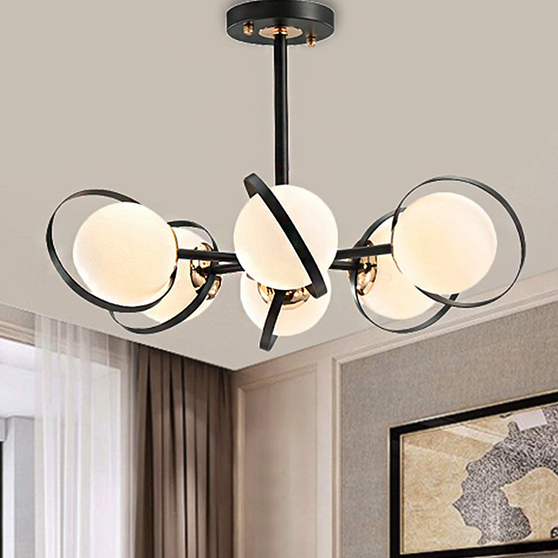 Ball White Glass Chandelier Lighting with Radial Design Modernist 3/6 Lights Black Hanging Ceiling Lamp Fixture Clearhalo 'Ceiling Lights' 'Chandeliers' 'Close To Ceiling Lights' 'Close to ceiling' 'Glass shade' 'Glass' 'Semi-flushmount' Lighting' 245852
