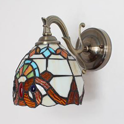 Stained Glass Wall Lighting Tiffany Rustic 1 Light Wall Mount Light in Brown/Blue/Beige/Blue-White for Bedroom Clearhalo 'Industrial' 'Middle century wall lights' 'Tiffany wall lights' 'Tiffany' 'Wall Lamps & Sconces' 'Wall Lights' Lighting' 24587