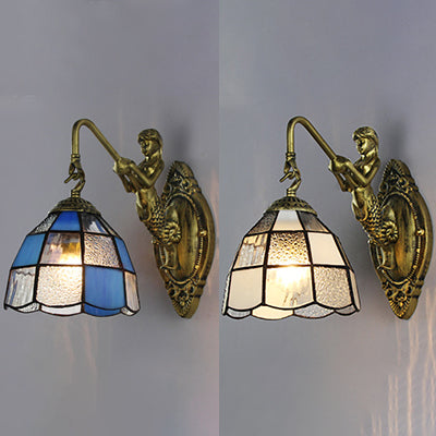 Baroque Grid Patterned Sconce Lighting 1 Head White/Blue Glass Wall Mounted Light Fixture for Hallway Clearhalo 'Industrial' 'Middle century wall lights' 'Tiffany wall lights' 'Tiffany' 'Wall Lamps & Sconces' 'Wall Lights' Lighting' 24591
