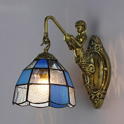 Baroque Grid Patterned Sconce Lighting 1 Head White/Blue Glass Wall Mounted Light Fixture for Hallway Blue Clearhalo 'Industrial' 'Middle century wall lights' 'Tiffany wall lights' 'Tiffany' 'Wall Lamps & Sconces' 'Wall Lights' Lighting' 24592