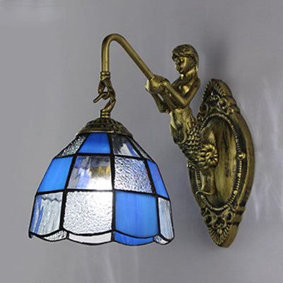 Baroque Grid Patterned Sconce Lighting 1 Head White/Blue Glass Wall Mounted Light Fixture for Hallway Clearhalo 'Industrial' 'Middle century wall lights' 'Tiffany wall lights' 'Tiffany' 'Wall Lamps & Sconces' 'Wall Lights' Lighting' 24593