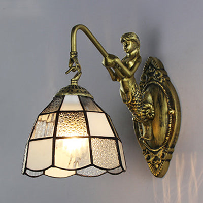 Baroque Grid Patterned Sconce Lighting 1 Head White/Blue Glass Wall Mounted Light Fixture for Hallway Clearhalo 'Industrial' 'Middle century wall lights' 'Tiffany wall lights' 'Tiffany' 'Wall Lamps & Sconces' 'Wall Lights' Lighting' 24594