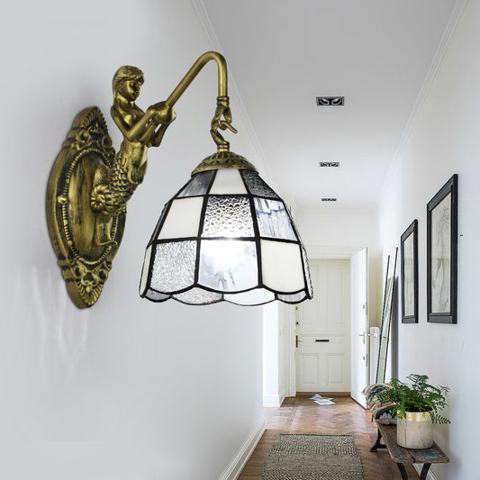Baroque Grid Patterned Sconce Lighting 1 Head White/Blue Glass Wall Mounted Light Fixture for Hallway White Clearhalo 'Industrial' 'Middle century wall lights' 'Tiffany wall lights' 'Tiffany' 'Wall Lamps & Sconces' 'Wall Lights' Lighting' 24596