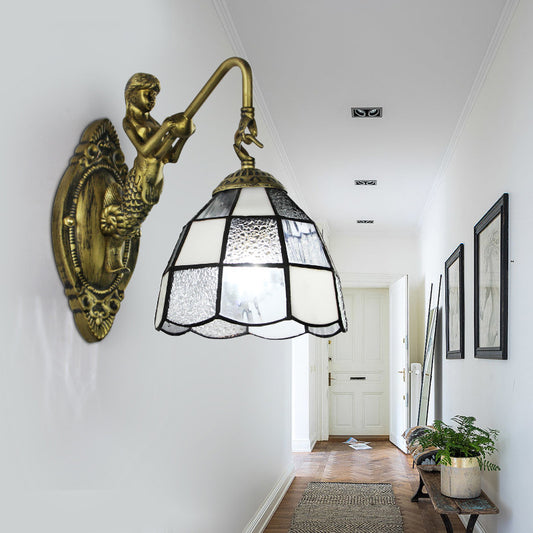 Baroque Grid Patterned Sconce Lighting 1 Head White/Blue Glass Wall Mounted Light Fixture for Hallway White Clearhalo 'Industrial' 'Middle century wall lights' 'Tiffany wall lights' 'Tiffany' 'Wall Lamps & Sconces' 'Wall Lights' Lighting' 24596