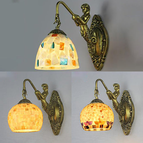 Shell Mosaic Wall Mounted Lamp Tiffany 1 Head Beige/Purple-Yellow/Blue-Yellow Sconce Light with Mermaid Backplate Clearhalo 'Industrial' 'Middle century wall lights' 'Tiffany wall lights' 'Tiffany' 'Wall Lamps & Sconces' 'Wall Lights' Lighting' 24598