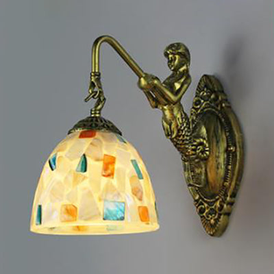 Shell Mosaic Wall Mounted Lamp Tiffany 1 Head Beige/Purple-Yellow/Blue-Yellow Sconce Light with Mermaid Backplate Blue-Yellow Clearhalo 'Industrial' 'Middle century wall lights' 'Tiffany wall lights' 'Tiffany' 'Wall Lamps & Sconces' 'Wall Lights' Lighting' 24599