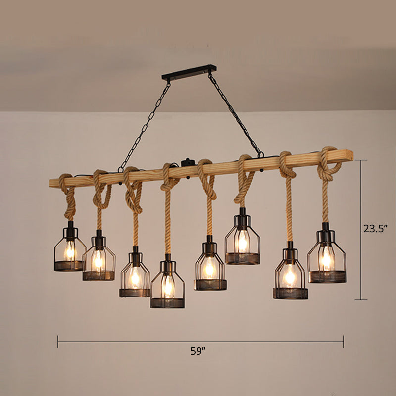Wooden Linear Island Lamp Rustic Restaurant Suspension Pendant Light with Mesh Cage Clearhalo 'Ceiling Lights' 'Island Lights' Lighting' 2459906