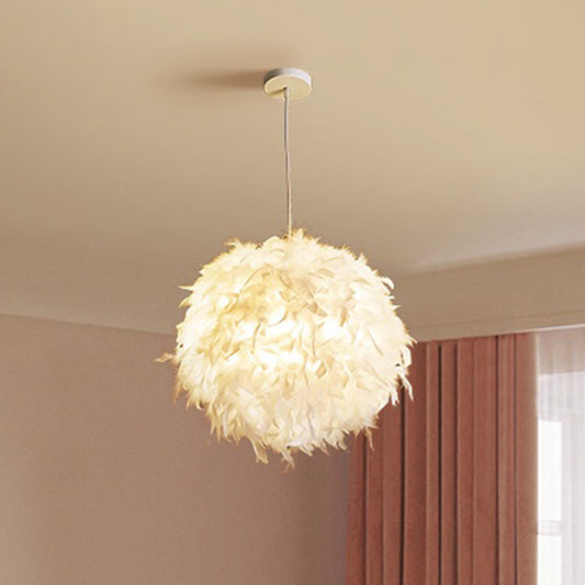 Spherical Bedroom Hanging Pendant Feather 1 Head Minimalistic Suspension Light in White White Clearhalo 'Ceiling Lights' 'Modern Pendants' 'Modern' 'Pendant Lights' 'Pendants' Lighting' 2459932