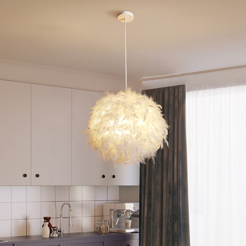 Spherical Bedroom Hanging Pendant Feather 1 Head Minimalistic Suspension Light in White Clearhalo 'Ceiling Lights' 'Modern Pendants' 'Modern' 'Pendant Lights' 'Pendants' Lighting' 2459933