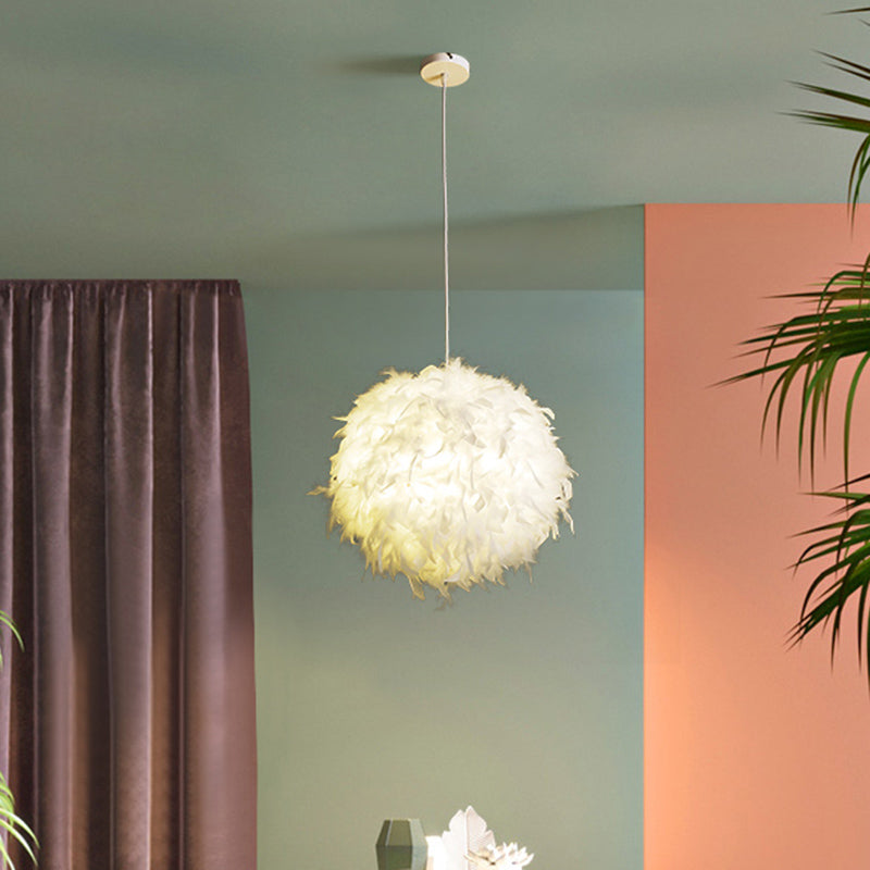Spherical Bedroom Hanging Pendant Feather 1 Head Minimalistic Suspension Light in White Clearhalo 'Ceiling Lights' 'Modern Pendants' 'Modern' 'Pendant Lights' 'Pendants' Lighting' 2459934