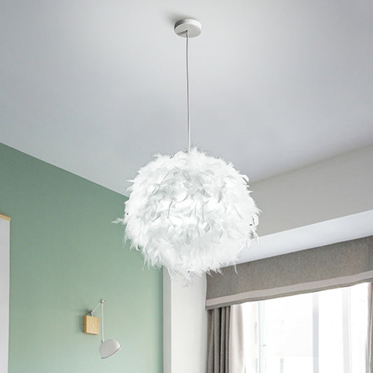 Spherical Bedroom Hanging Pendant Feather 1 Head Minimalistic Suspension Light in White Clearhalo 'Ceiling Lights' 'Modern Pendants' 'Modern' 'Pendant Lights' 'Pendants' Lighting' 2459935